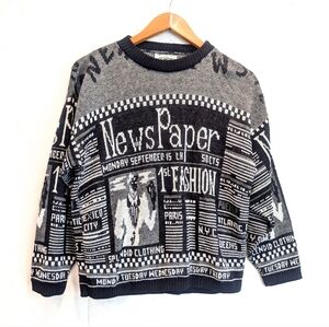 Vintage 80s 90s LA VISTA News Paper Print  Black And Gray Crewneck Sweater